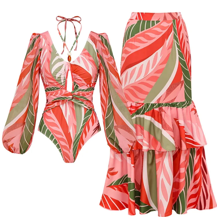 Red Leaf Monokini with Skirt